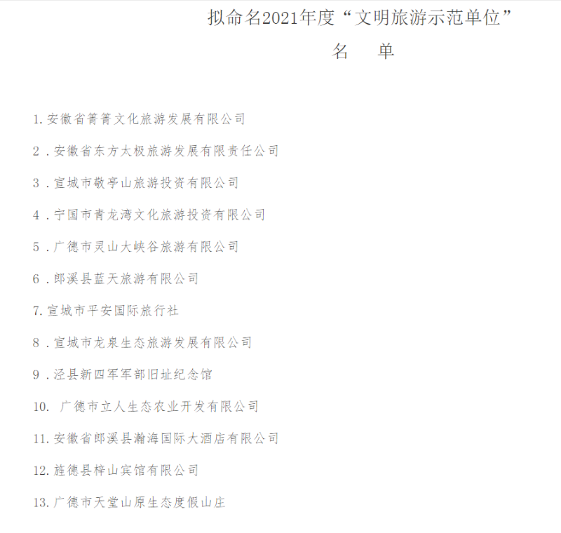 宣城市文明旅游示范單位公示 宣城市文明旅游示范單位公示